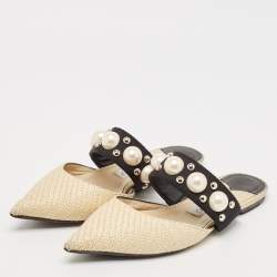 Jimmy Choo Cream/Black Canvas and Raffia Embellished Mules Size 37.5