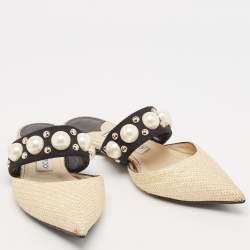 Jimmy Choo Cream/Black Canvas and Raffia Embellished Mules Size 37.5
