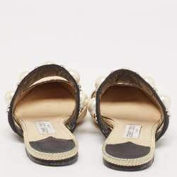 Jimmy Choo Cream/Black Canvas and Raffia Embellished Mules Size 37.5