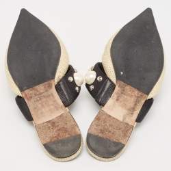 Jimmy Choo Cream/Black Canvas and Raffia Embellished Mules Size 37.5