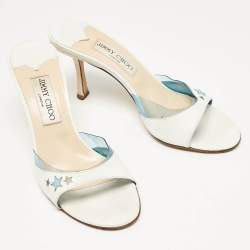Jimmy Choo White/Blue Leather and PVC Slide Sandals Size 37.5