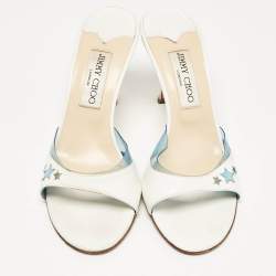 Jimmy Choo White/Blue Leather and PVC Slide Sandals Size 37.5