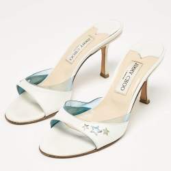 Jimmy Choo White/Blue Leather and PVC Slide Sandals Size 37.5
