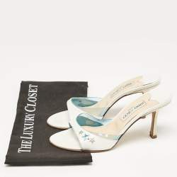 Jimmy Choo White/Blue Leather and PVC Slide Sandals Size 37.5