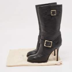 Pre Owned Jimmy Choo Black Leather Buckle  Mid Calf Boots Size 37.5