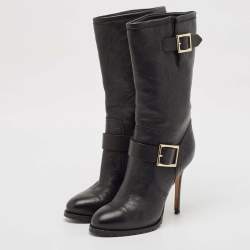 Pre Owned Jimmy Choo Black Leather Buckle  Mid Calf Boots Size 37.5