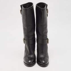 Pre Owned Jimmy Choo Black Leather Buckle  Mid Calf Boots Size 37.5