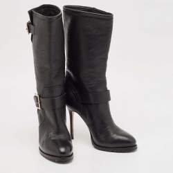 Pre Owned Jimmy Choo Black Leather Buckle  Mid Calf Boots Size 37.5