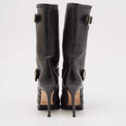 Pre Owned Jimmy Choo Black Leather Buckle  Mid Calf Boots Size 37.5