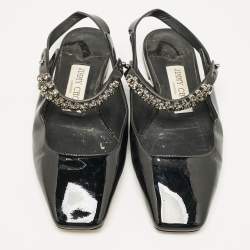 Jimmy Choo Black Patent Crystal Embellished Slingback Flat Sandals Size 35