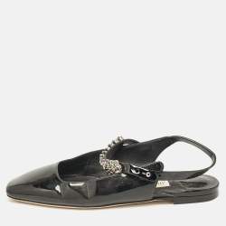 Jimmy Choo Black Patent Crystal Embellished Slingback Flat Sandals Size 35