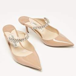 Jimmy Choo Beige Patent Leather Bing 65 Crystal Embellished Mule Sandals Size 36.5