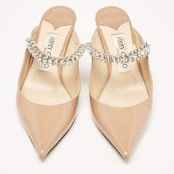 Jimmy Choo Beige Patent Leather Bing 65 Crystal Embellished Mule Sandals Size 36.5