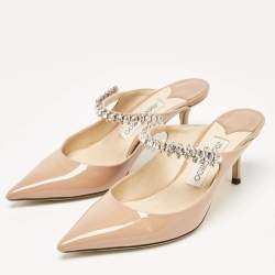 Jimmy Choo Beige Patent Leather Bing 65 Crystal Embellished Mule Sandals Size 36.5