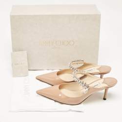Jimmy Choo Beige Patent Leather Bing 65 Crystal Embellished Mule Sandals Size 36.5