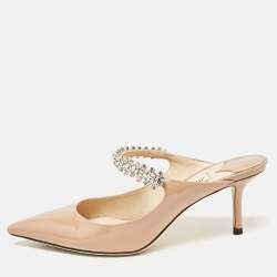 Jimmy Choo Beige Patent Leather Bing 65 Crystal Embellished Mule Sandals Size 36.5