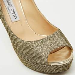 Jimmy Choo Metallic Gold Lurex Fabric Peep Toe Platform Pumps Size 39.5