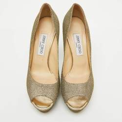 Jimmy Choo Metallic Gold Lurex Fabric Peep Toe Platform Pumps Size 39.5