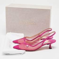 Pre Owned Jimmy Choo Fuchsia Suede and Fishnet Amita Slingback Pumps Size 37