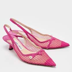 Pre Owned Jimmy Choo Fuchsia Suede and Fishnet Amita Slingback Pumps Size 37