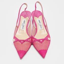 Pre Owned Jimmy Choo Fuchsia Suede and Fishnet Amita Slingback Pumps Size 37