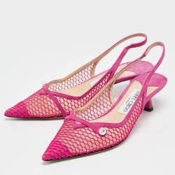 Pre Owned Jimmy Choo Fuchsia Suede and Fishnet Amita Slingback Pumps Size 37