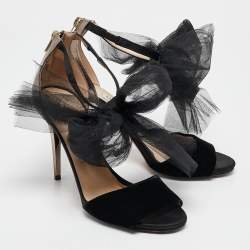 Jimmy Choo Black Leather and Velvet Aveline Ankle Strap Sandals Size 38