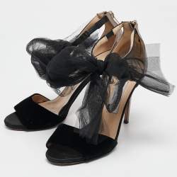 Jimmy Choo Black Leather and Velvet Aveline Ankle Strap Sandals Size 38