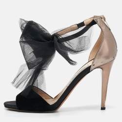 Jimmy Choo Black Leather and Velvet Aveline Ankle Strap Sandals Size 38