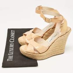 Jimmy Choo Beige Patent Leather Espadrille Platform Wedge Sandals Size 37.5