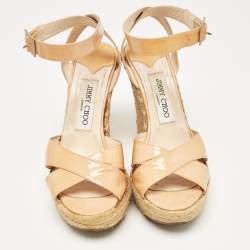 Jimmy Choo Beige Patent Leather Espadrille Platform Wedge Sandals Size 37.5