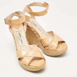 Jimmy Choo Beige Patent Leather Espadrille Platform Wedge Sandals Size 37.5