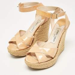 Jimmy Choo Beige Patent Leather Espadrille Platform Wedge Sandals Size 37.5
