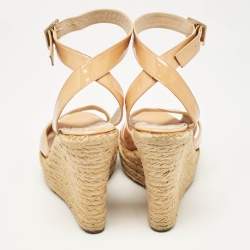 Jimmy Choo Beige Patent Leather Espadrille Platform Wedge Sandals Size 37.5