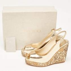 Jimmy Choo Gold Leather Prova Cork Wedge Sandals Size 40