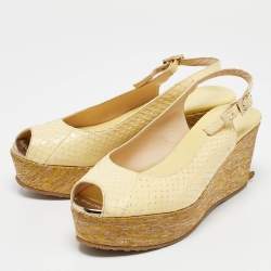 Jimmy Choo Yellow Snakeskin Leather Wedge Sandals Size 37
