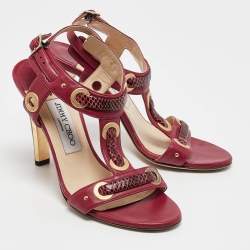 Jimmy Choo Red Leather and Snakeskin Leather Ankle Strap Sandals Size 37