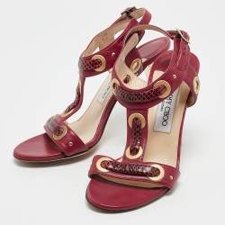 Jimmy Choo Red Leather and Snakeskin Leather Ankle Strap Sandals Size 37