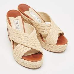 Jimmy Choo Beige Raffia Dovina Wedge Sandals Size 36