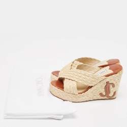 Jimmy Choo Beige Raffia Dovina Wedge Sandals Size 36