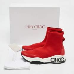 Jimmy Choo Red Knit Fabric and Suede Raine Sock Sneakers Size 38