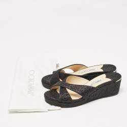 Jimmy Choo Black Metallic Lurex Fabric Prima Wedge Sandals Size 35