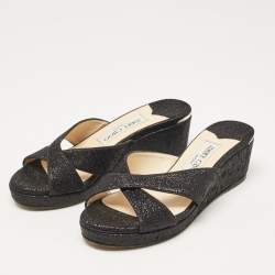 Jimmy Choo Black Metallic Lurex Fabric Prima Wedge Sandals Size 35