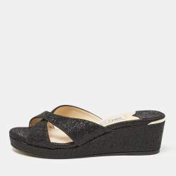 Jimmy Choo Black Metallic Lurex Fabric Prima Wedge Sandals Size 35