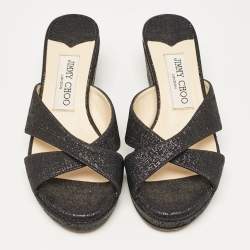 Jimmy Choo Black Metallic Lurex Fabric Prima Wedge Sandals Size 35