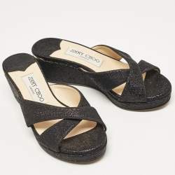 Jimmy Choo Black Metallic Lurex Fabric Prima Wedge Sandals Size 35