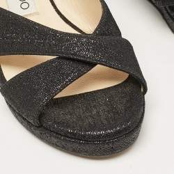 Jimmy Choo Black Metallic Lurex Fabric Prima Wedge Sandals Size 35