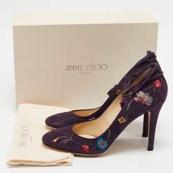 Jimmy Choo Purple Suede Floral Embroidered Chelan Ankle Wrap Pumps Size 40