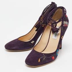 Jimmy Choo Purple Suede Floral Embroidered Chelan Ankle Wrap Pumps Size 40