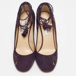 Jimmy Choo Purple Suede Floral Embroidered Chelan Ankle Wrap Pumps Size 40